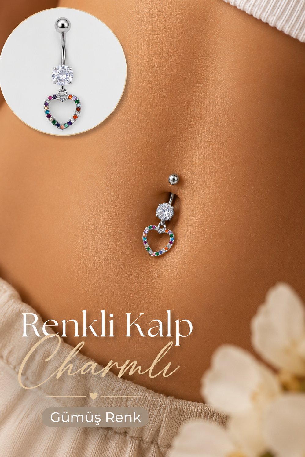 Multicolor Çok Renkli Kalp Sallantılı Çelik Göbek Piercingi Gümüş Renk