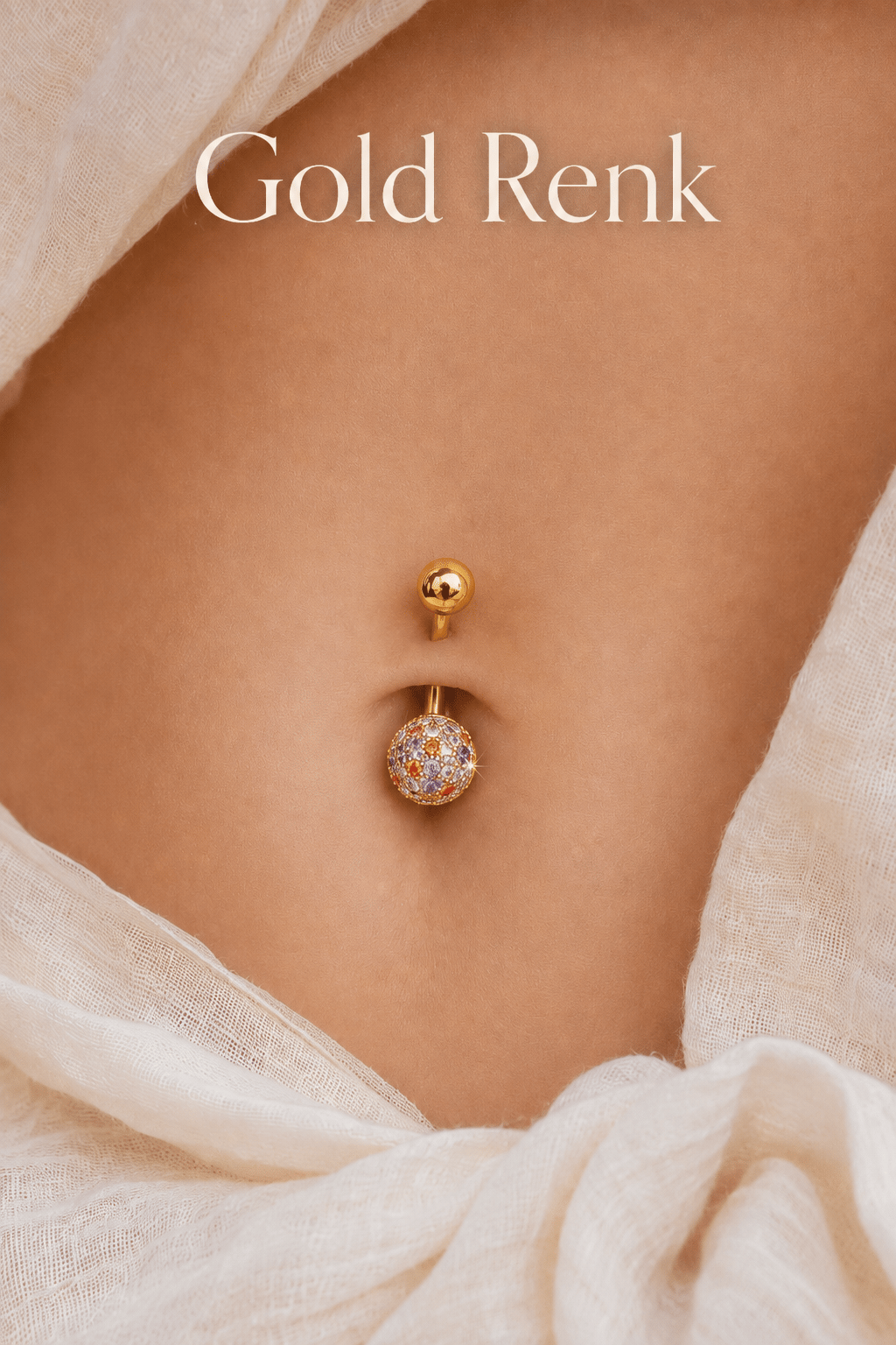 Multicolor Çok Renkli Taşlı Toplu Çelik Göbek Piercingi Gold Renk
