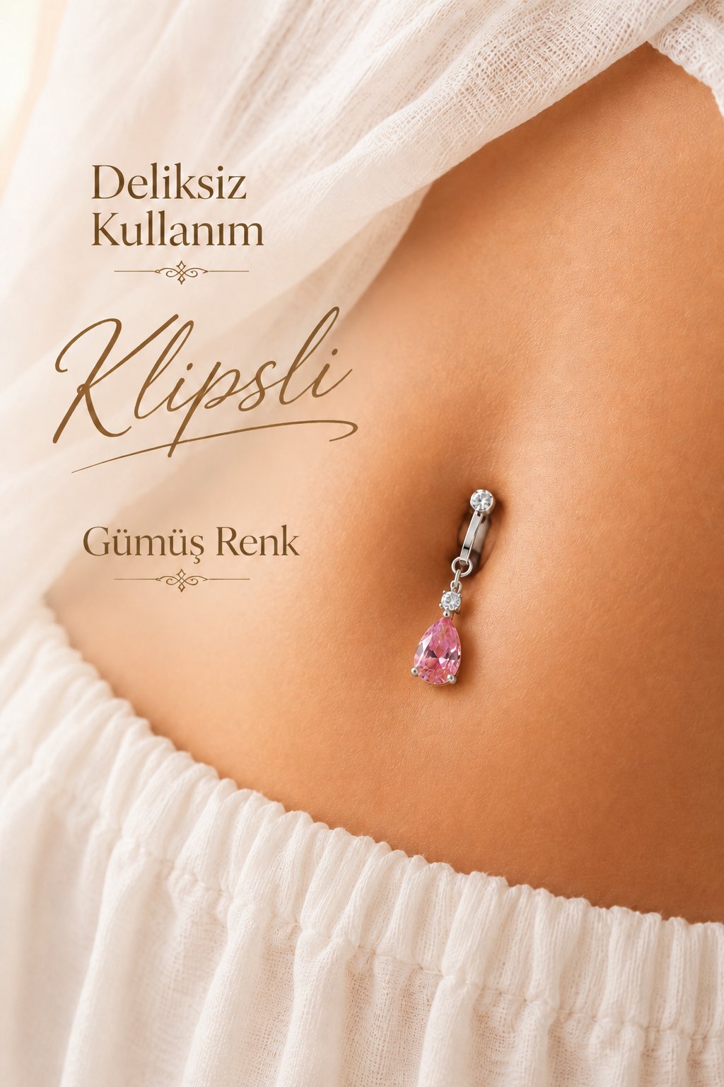 Pembe Damla Taşlı Klipsli Göbek Piercingi Deliksiz Zirkon Çelik