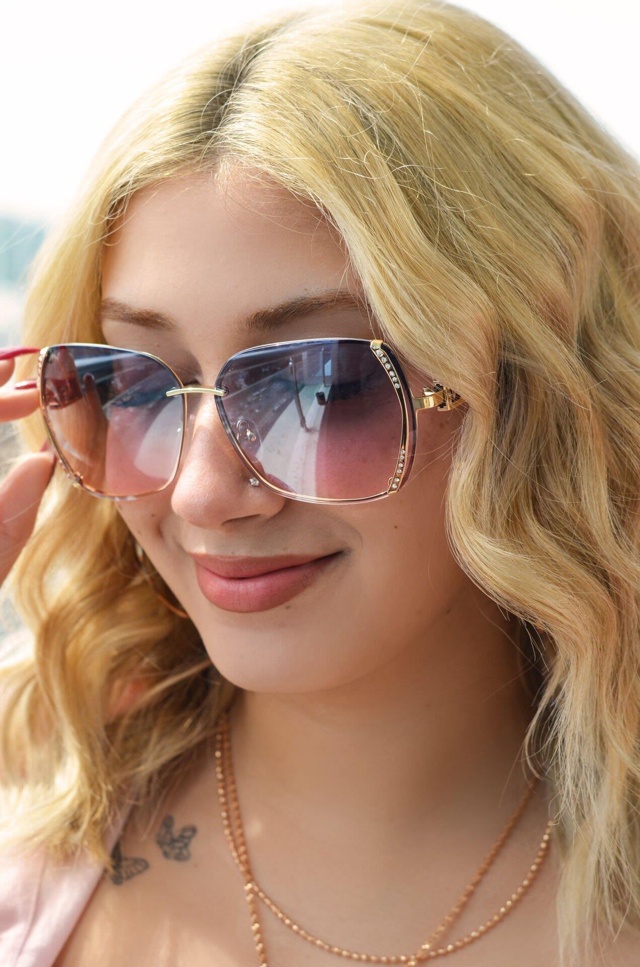 Pembe Siyah Geçişli Taşlı Güneş Gözlüğü