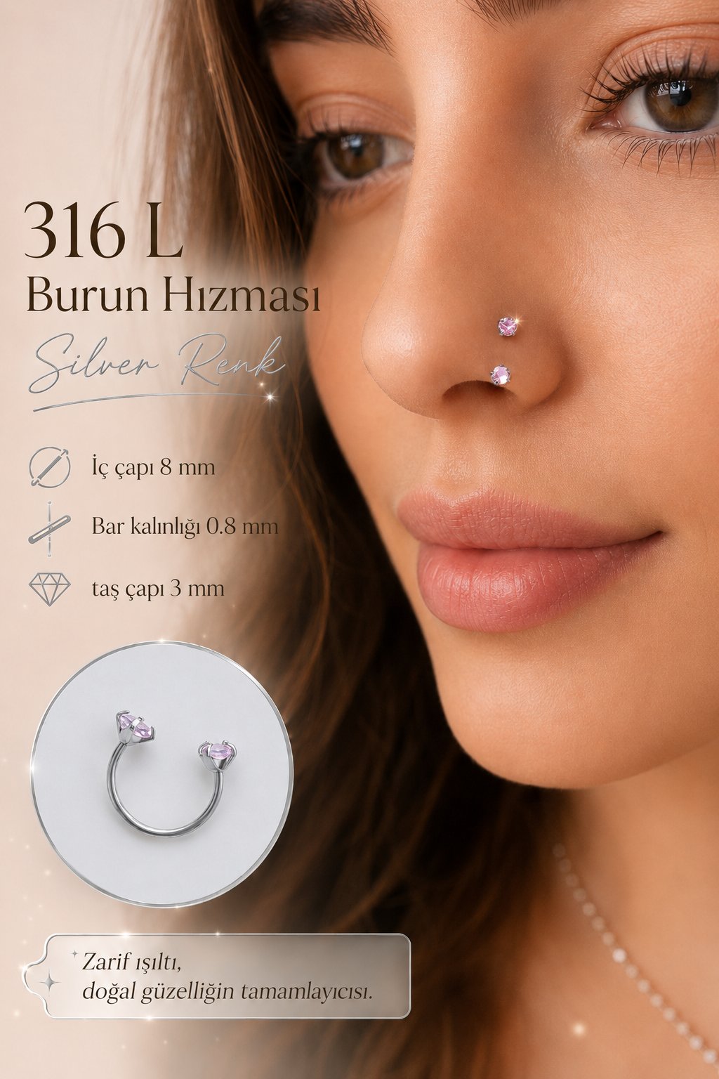 Pembe Taşlı Yarım Halka Piercing 316L Çelik Burun Hızması Helix Tragus