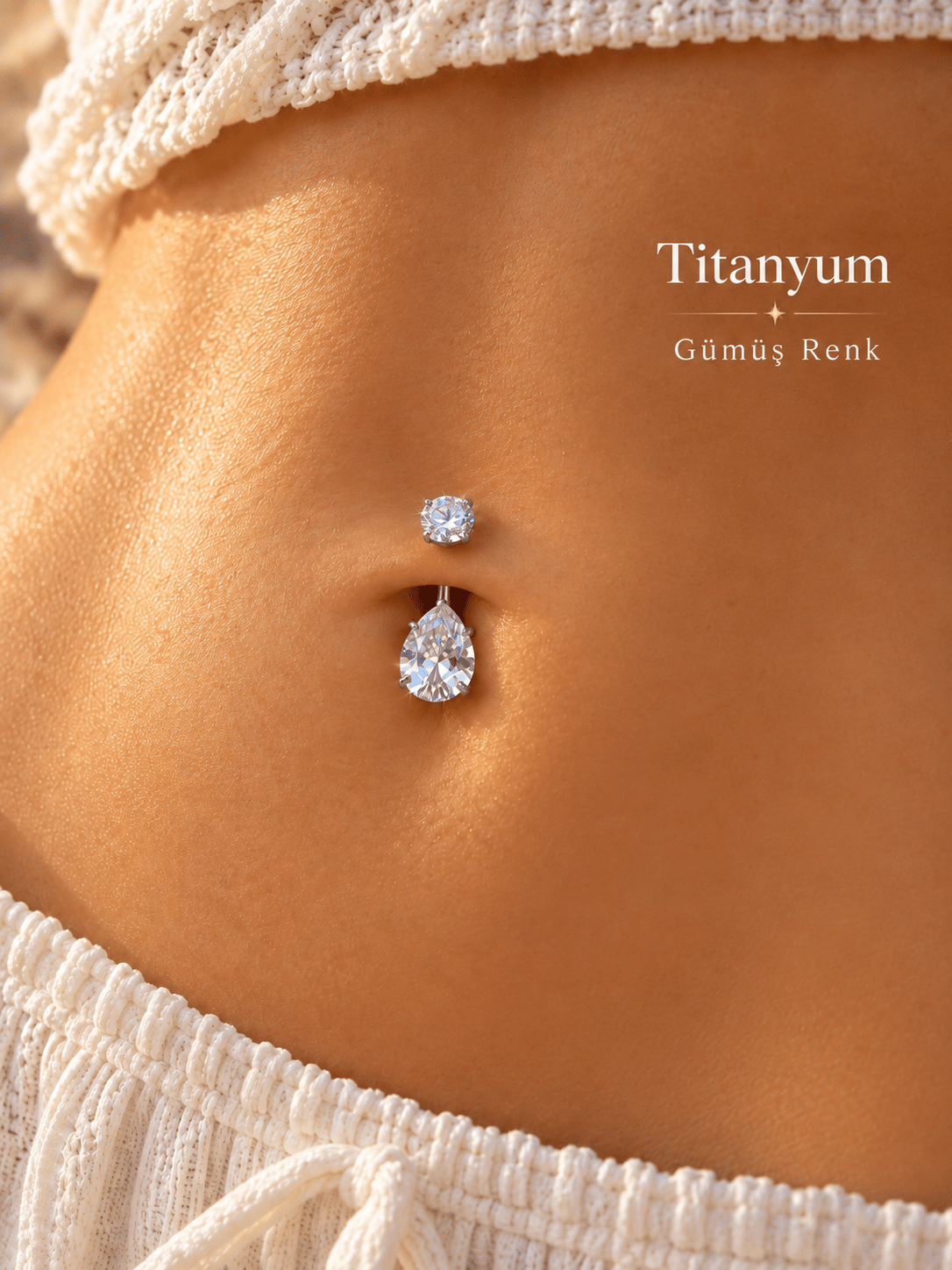 Titanyum Damla Taşlı Göbek Piercingi – Işıltılı Zirkon Tektaş