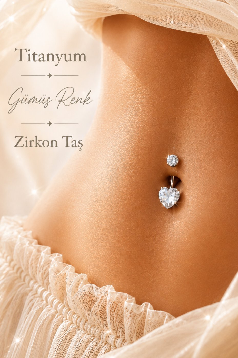 Titanyum Kalp Zirkon Taşlı Göbek Piercing