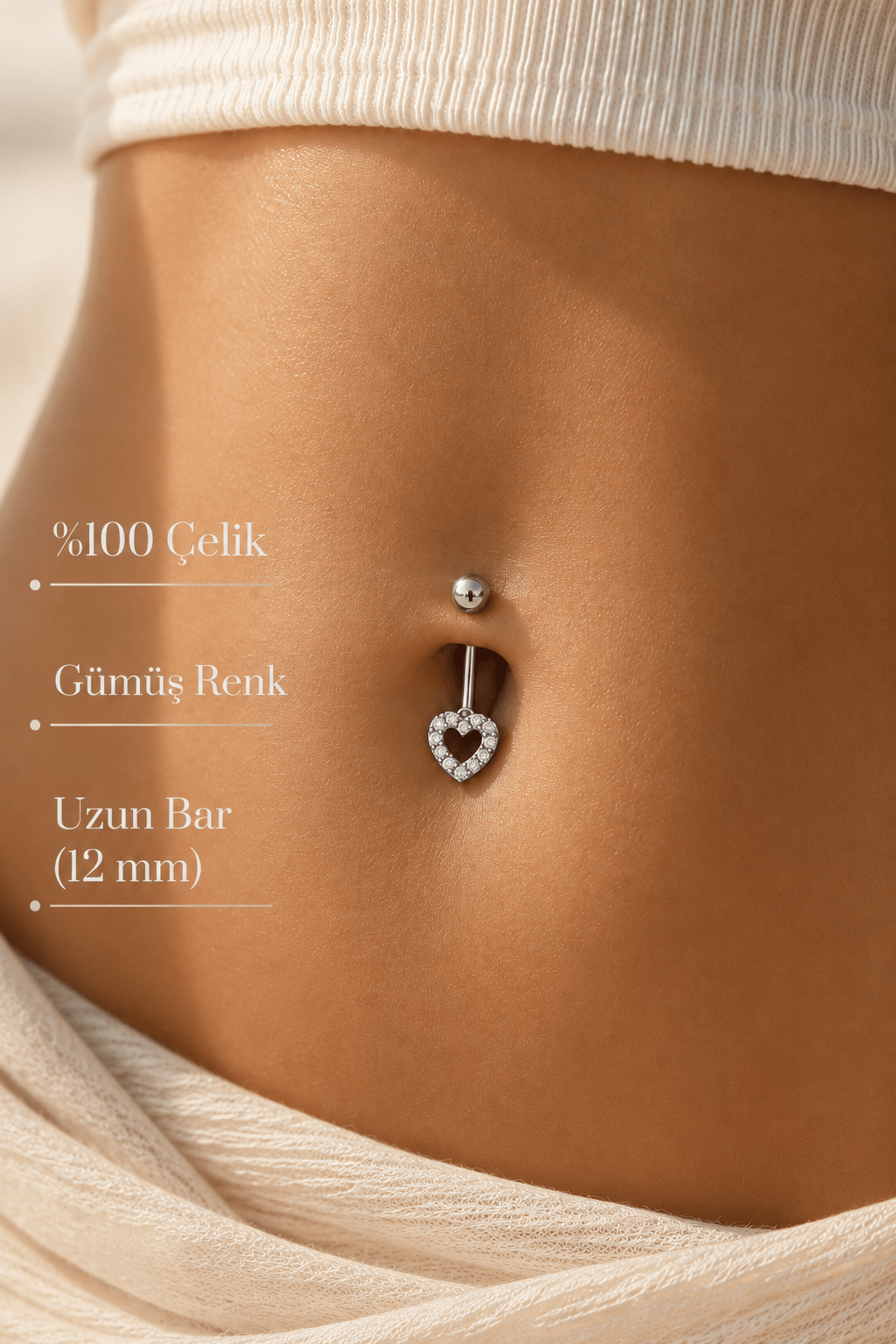 Uzun Bar Kalp Figürlü Göbek Piercingi %100 Çelik 12 mm