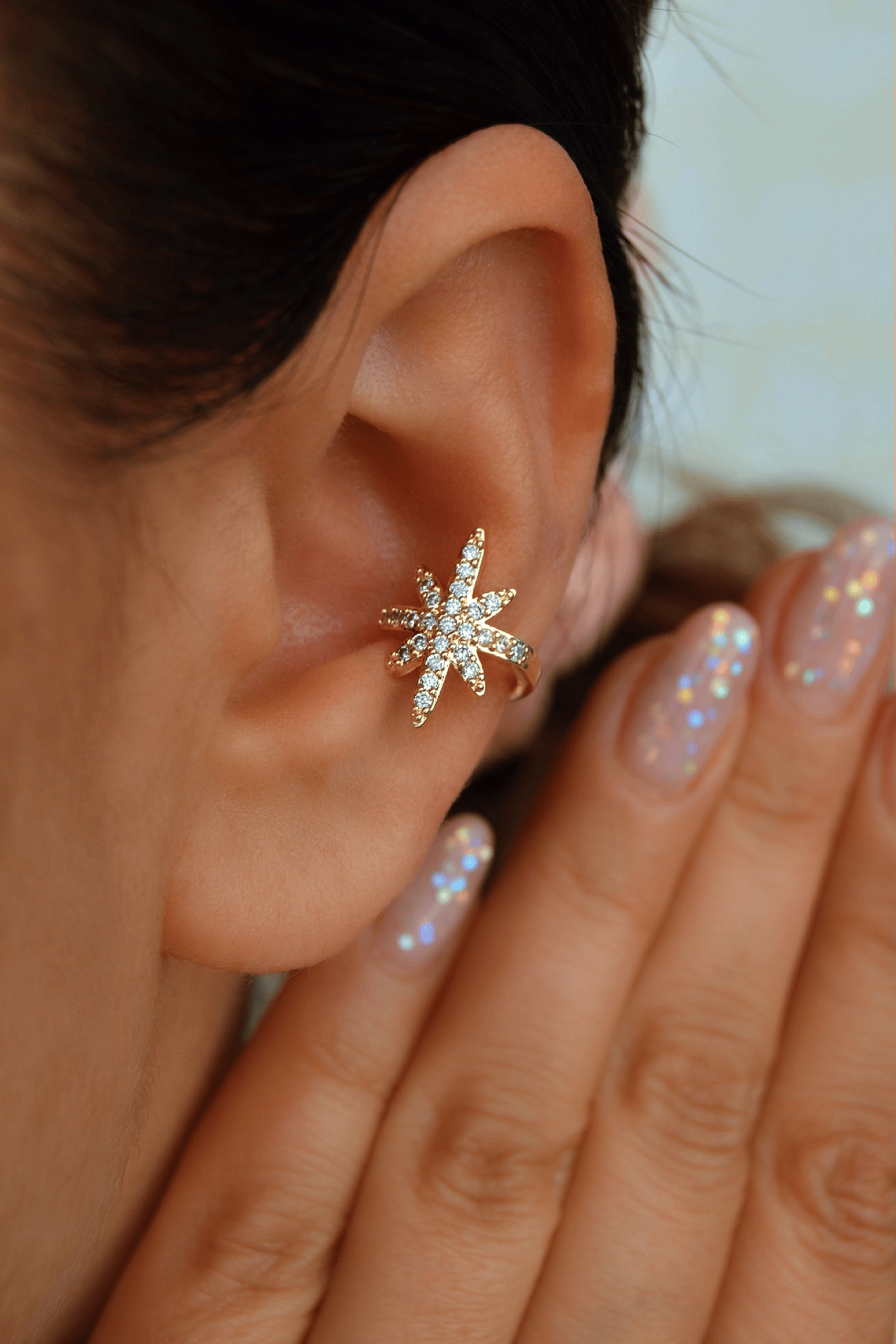 Zirkon Gold Kuzey Yıldızı Sıkıştırmalı Kıkırdak Küpesi Earcuff