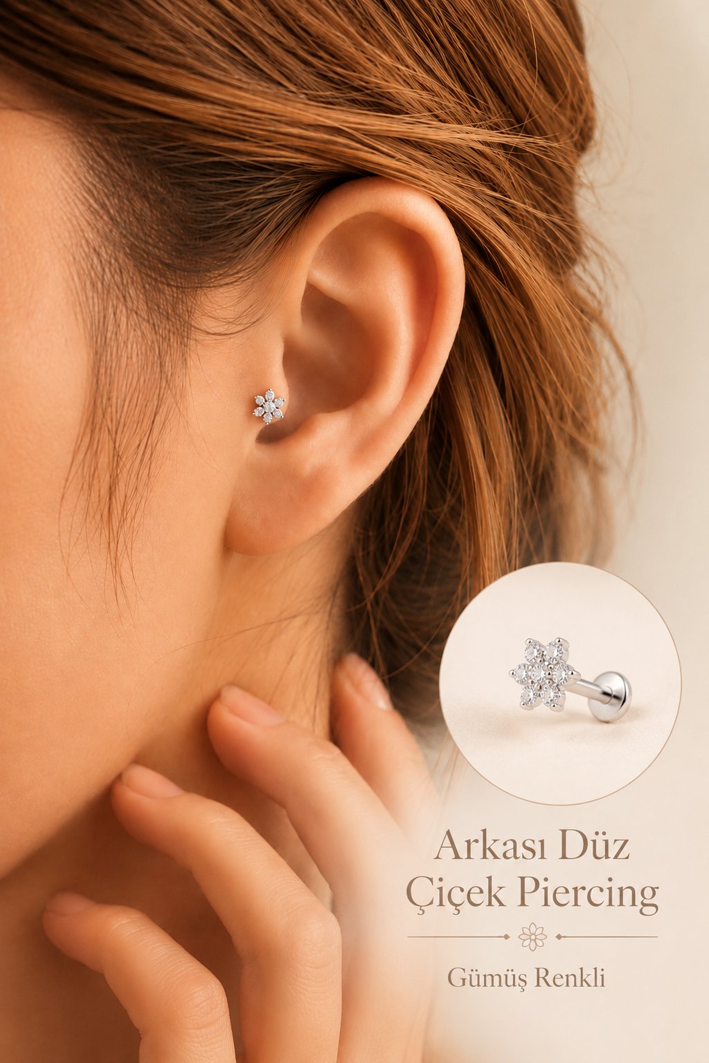 Zirkon Taşlı Çiçek Piercing 316L Çelik Barlı