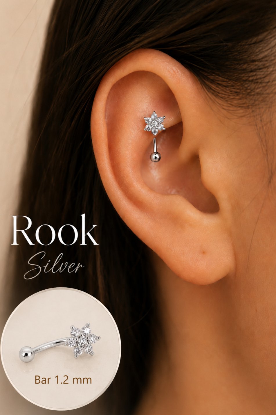 Zirkon Taşlı Çiçek Rook Piercing Çelik Bar 1.2 mm