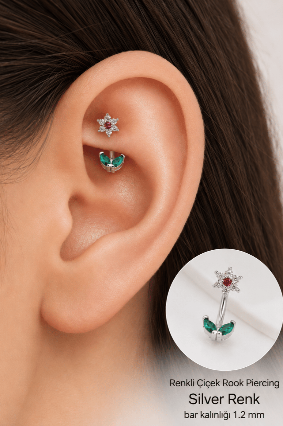 Zirkon Taşlı Çiçek Yaprak Rook Piercing Helix Kaş Kıkırdak Tragus 1.2 mm