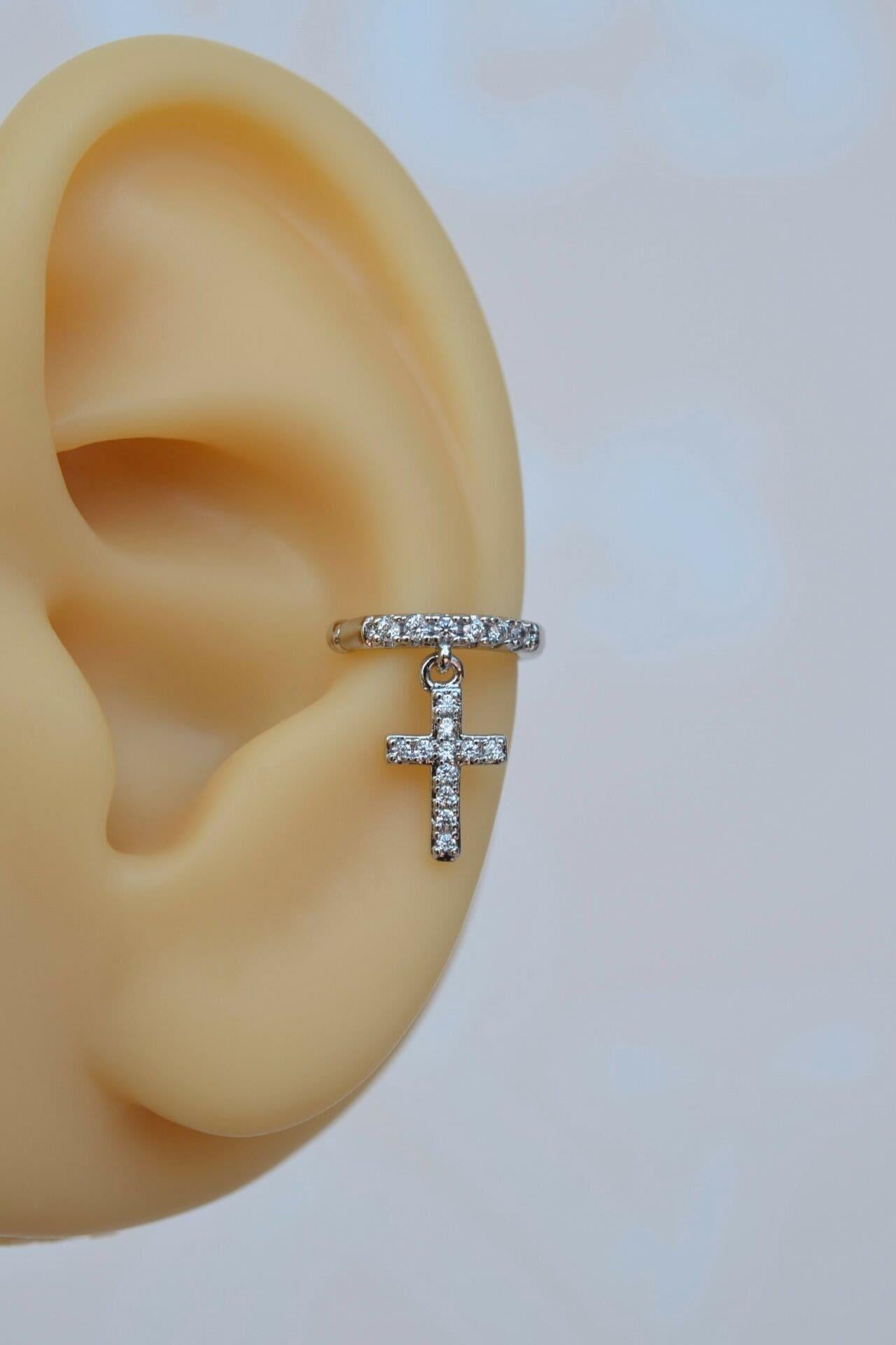 Zirkon Taşlı Cross Sallantılı Earcuff Sıkıştırmalı Kıkırdak Küpesi