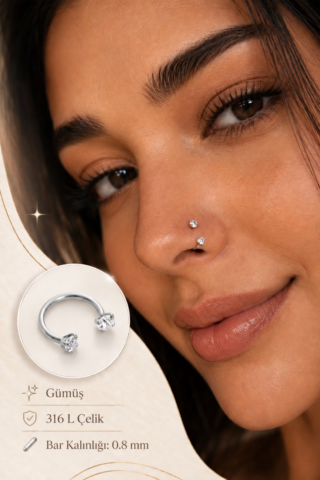 Zirkon Taşlı Gold Yarım Halka Burun Piercingi 316L Çelik 0.8 mm