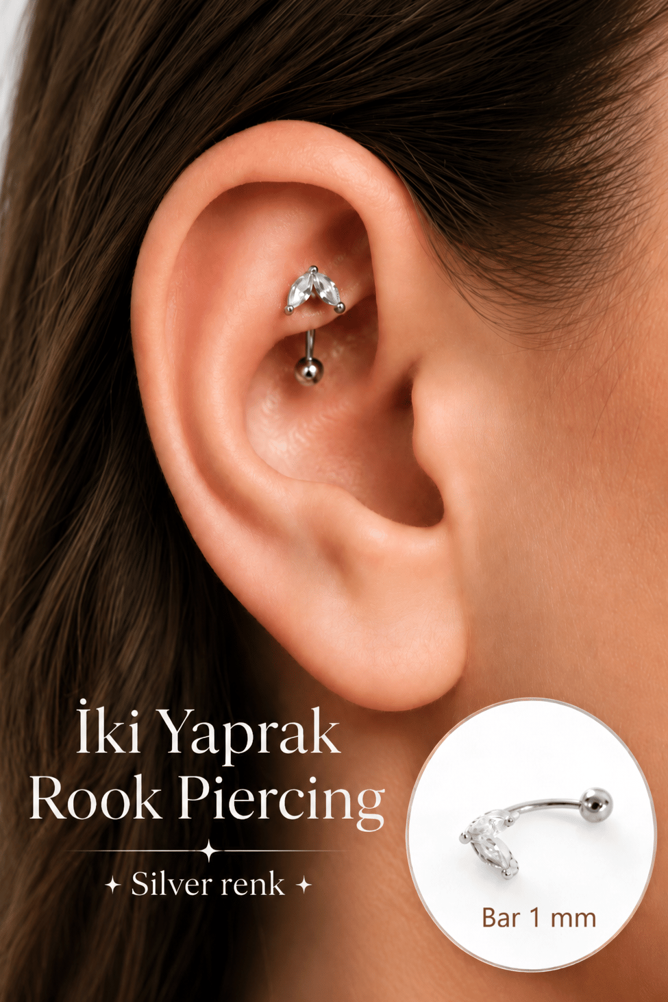 Zirkon Taşlı İki Yaprak Rook Piercing Çelik Bar 1 mm