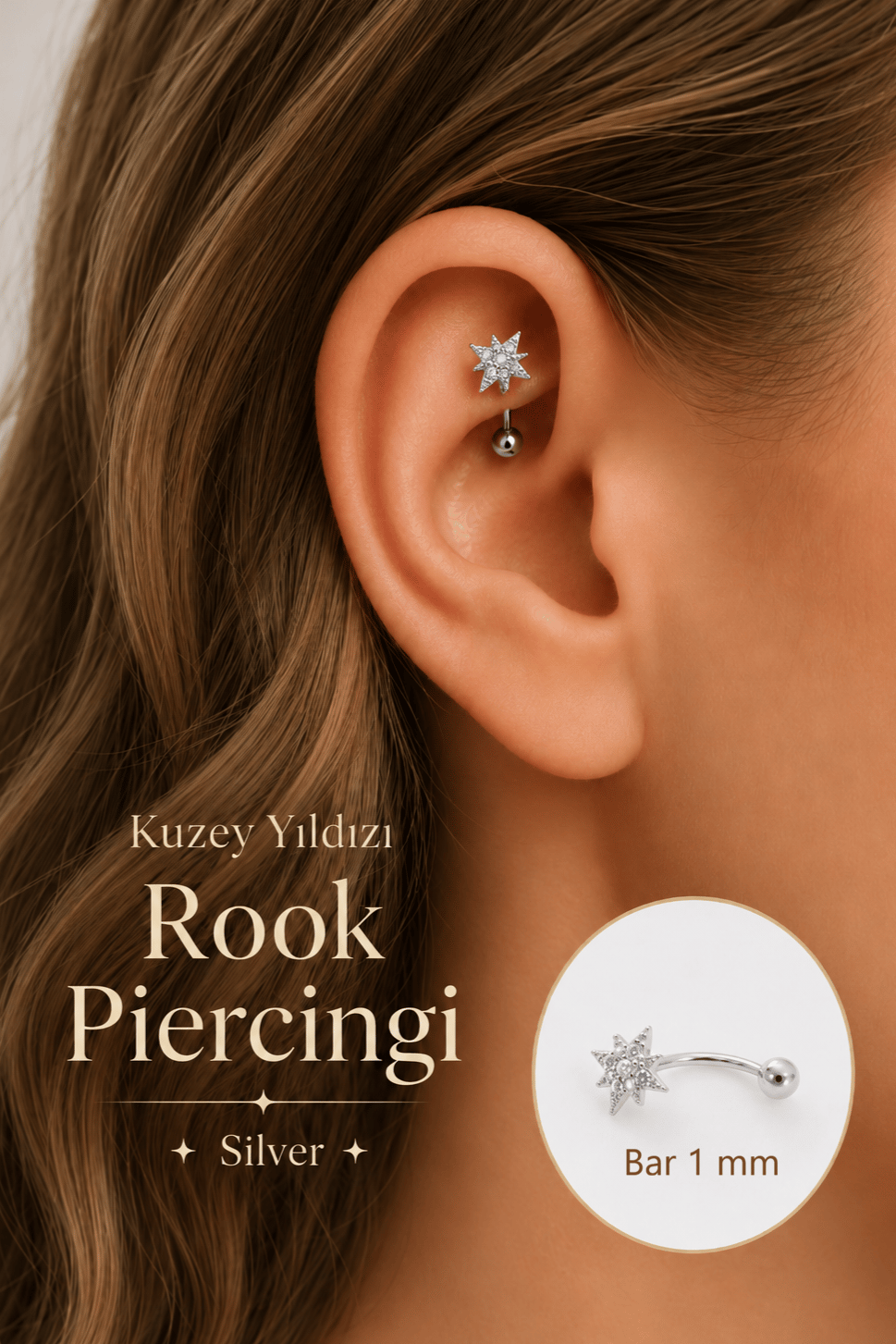 Zirkon Taşlı Kuzey Yıldızı Rook Piercing Çelik Bar 1 mm
