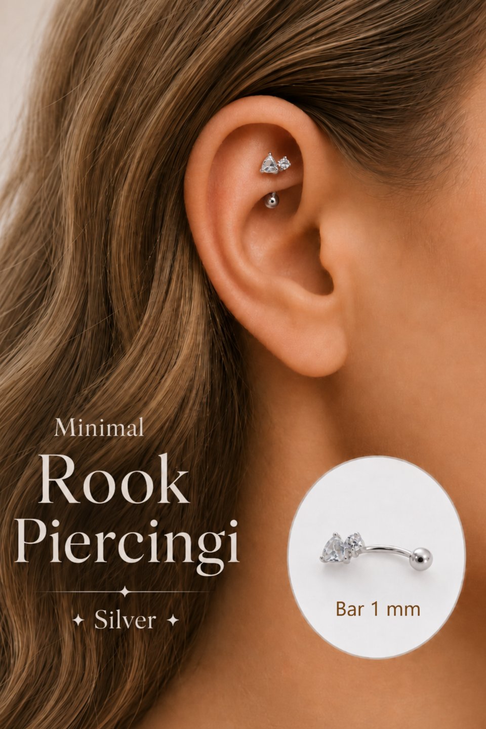 Zirkon Taşlı Mini Kalp Rook Piercing Çelik Bar 1 mm