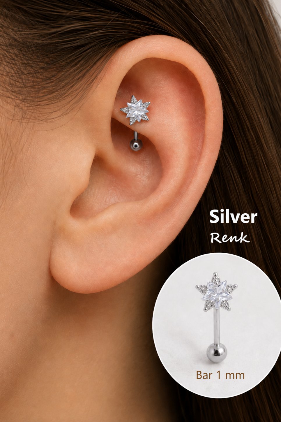 Zirkon Taşlı Yıldız Rook Piercing Çelik Bar 1 mm