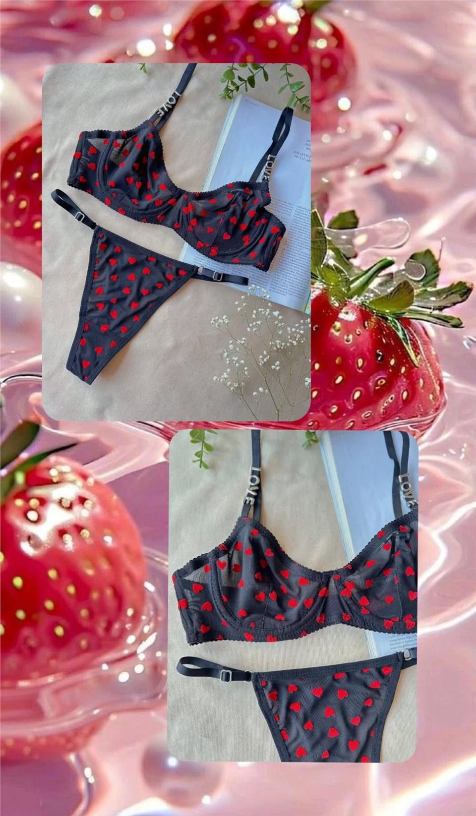 BRALET SİYAH KIRMIZI KALPLİ TAKIM