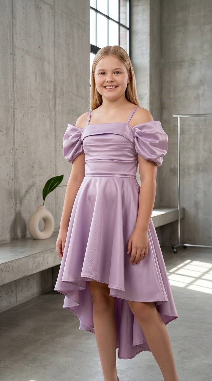 Kız Çocuk Düşük Kol Lila Elbise