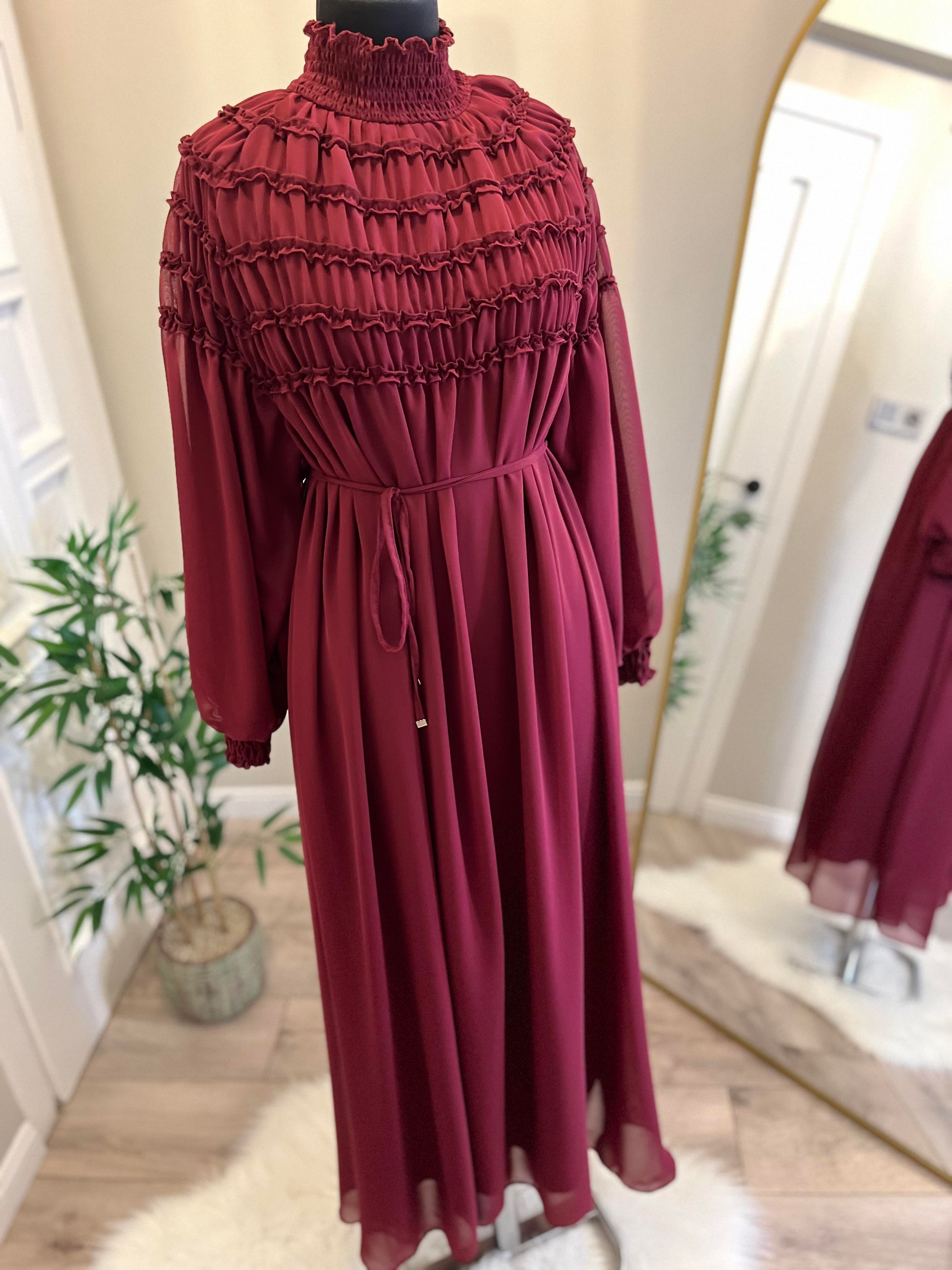 BORDO ŞİFON ELBİSE