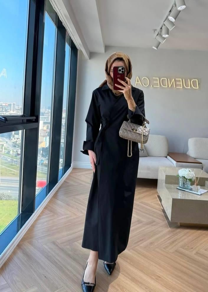 POPLİN BAĞLAMALI ELBİSE-SİYAH