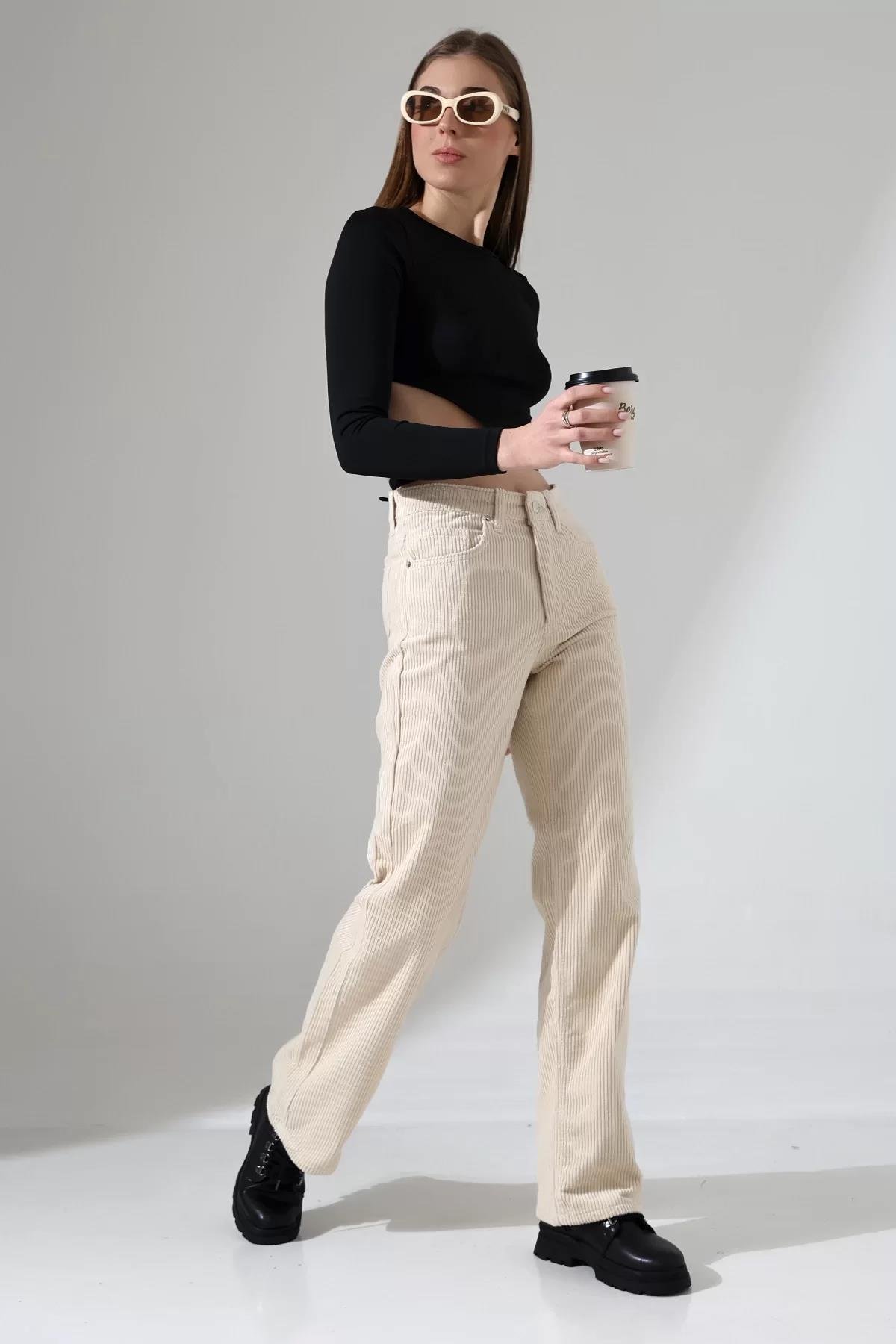 Yüksek Bel Kadife Straight Fit Pantolon