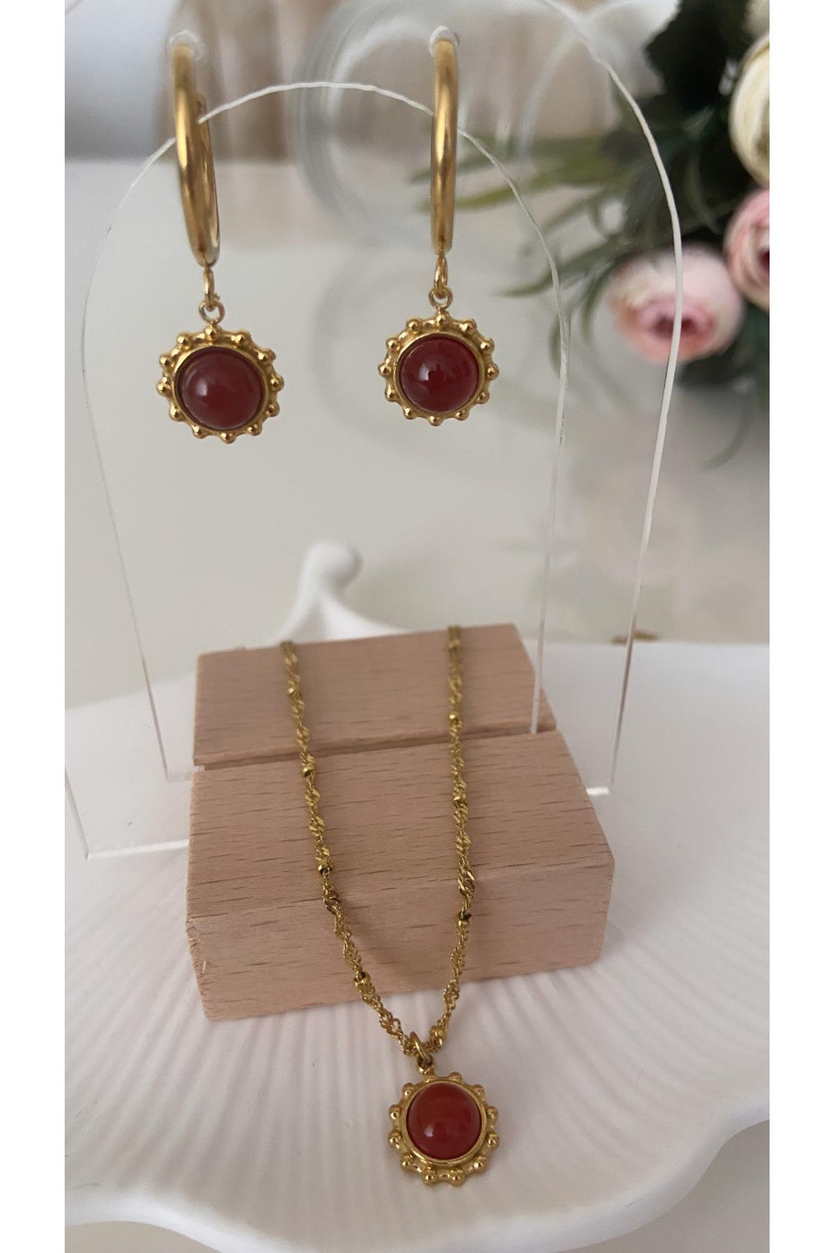 ( 3 PARÇA ÇELİK SET - KÜPE ve KOLYE ) ÇELİK VİNTAGE TASARIM Bordo Gerçek AKİK TAŞI Kolye & Küpe