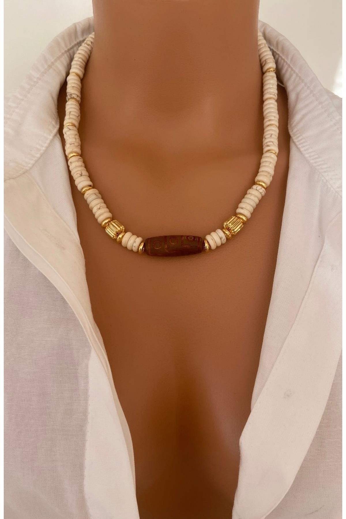 DOĞAL TAŞ Kahve HİNT AKİK Krem Firuze Rondela Kesim Özel Tasarım Kadın Kolye
