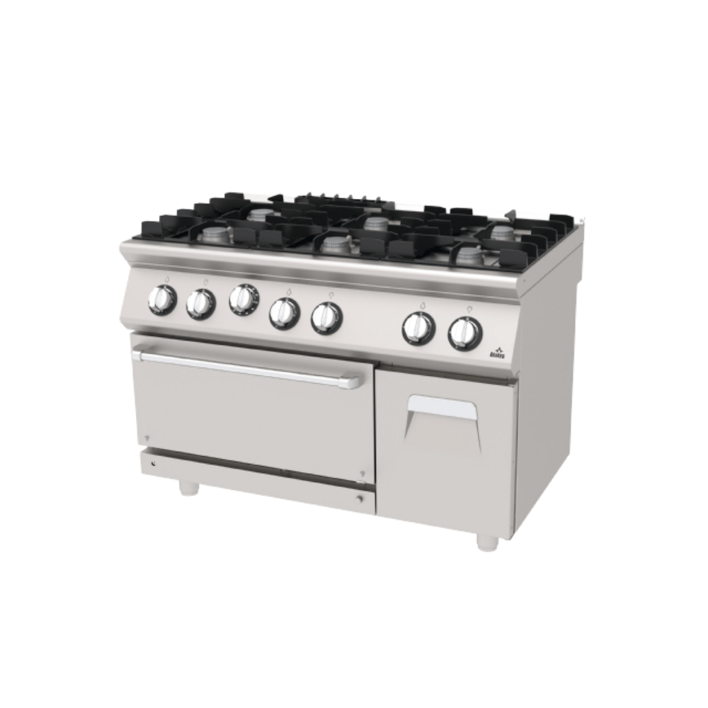 Atalay Seri 730 AGK-1273 D Gazlı Kuzine | 6 Bek Ø80 + GN 2/1 Fırın | Dolaplı | 100–300°C | Pilotlu-Termokupllu | LPG/NG