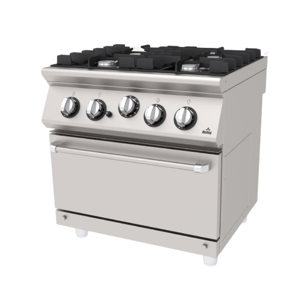 Atalay Seri 730 AGK-873 Gazlı Kuzine | 4 Bek Ø80 + GN 2/1 Fırın | 100–300°C | Pilotlu-Termokupllu | LPG/NG