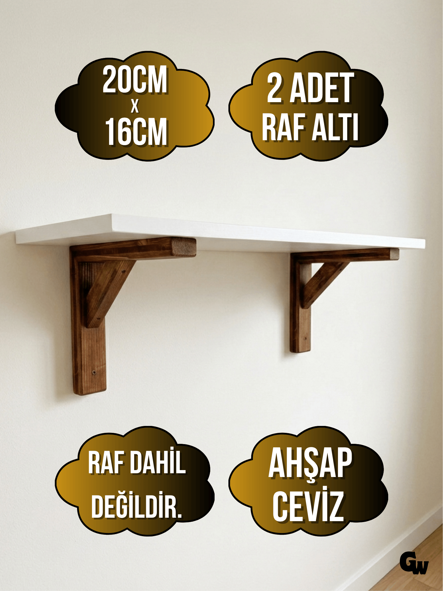 GOLDENWOODEN Raf Altı Ahşap Tutucu L Raf Ahşabı Duvar Sabitleyici(AHŞAP)(CEVİZ)(BEYAZ ÇAM)