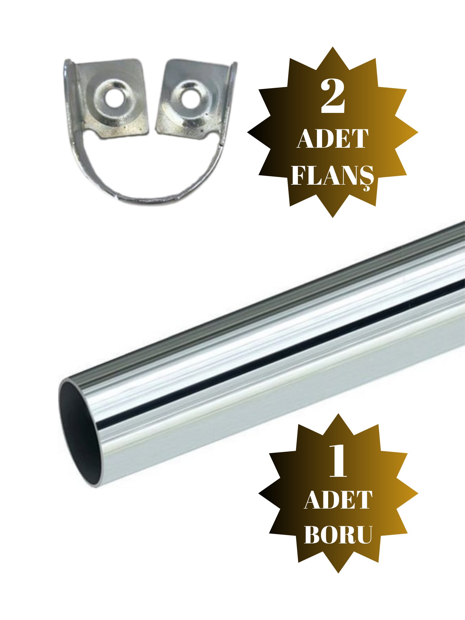 Metal Yuvarlak Krom Askı Borusu Mobilya Askı Borusu (2 Adet Flanş 1 Adet Boru) (Metal Yuvarlak Çap:25 mm)