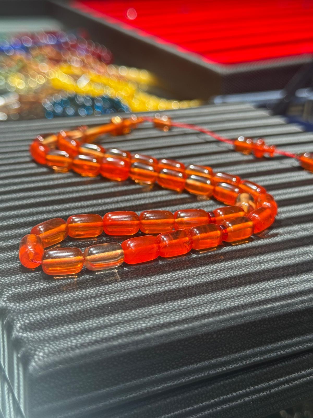 Serdar Akdeniz İmzalı Altın Kahve Sıkma Kehribar Tesbih 8x12 mm Özel Döküm