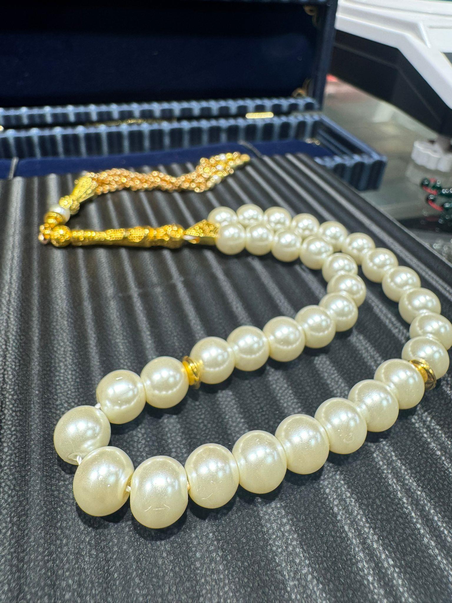 Tatlı Su İncisi Tesbih 10x10 mm Alpaka Püskül Tasarımlı Altın Detaylı