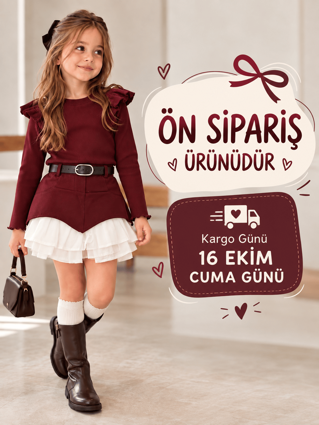 2-10 Yaş Bordo Bluz & Bordo Kemer Detaylı Etek