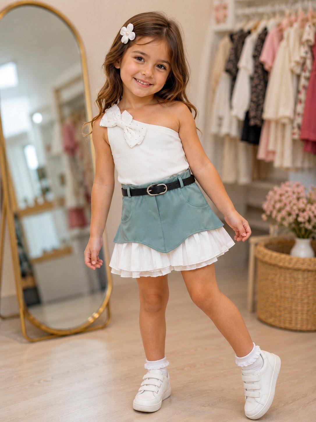 3-10 Yaş Ekru Fiyonk Detaylı Body & Nil Yeşili Kemer Detaylı Etek 