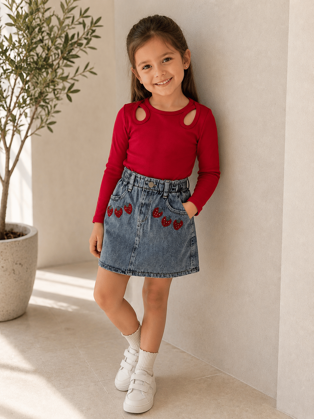 5-10 Yaş Kırmızı Body & Çilek Detaylı Jean Etek Kombin
