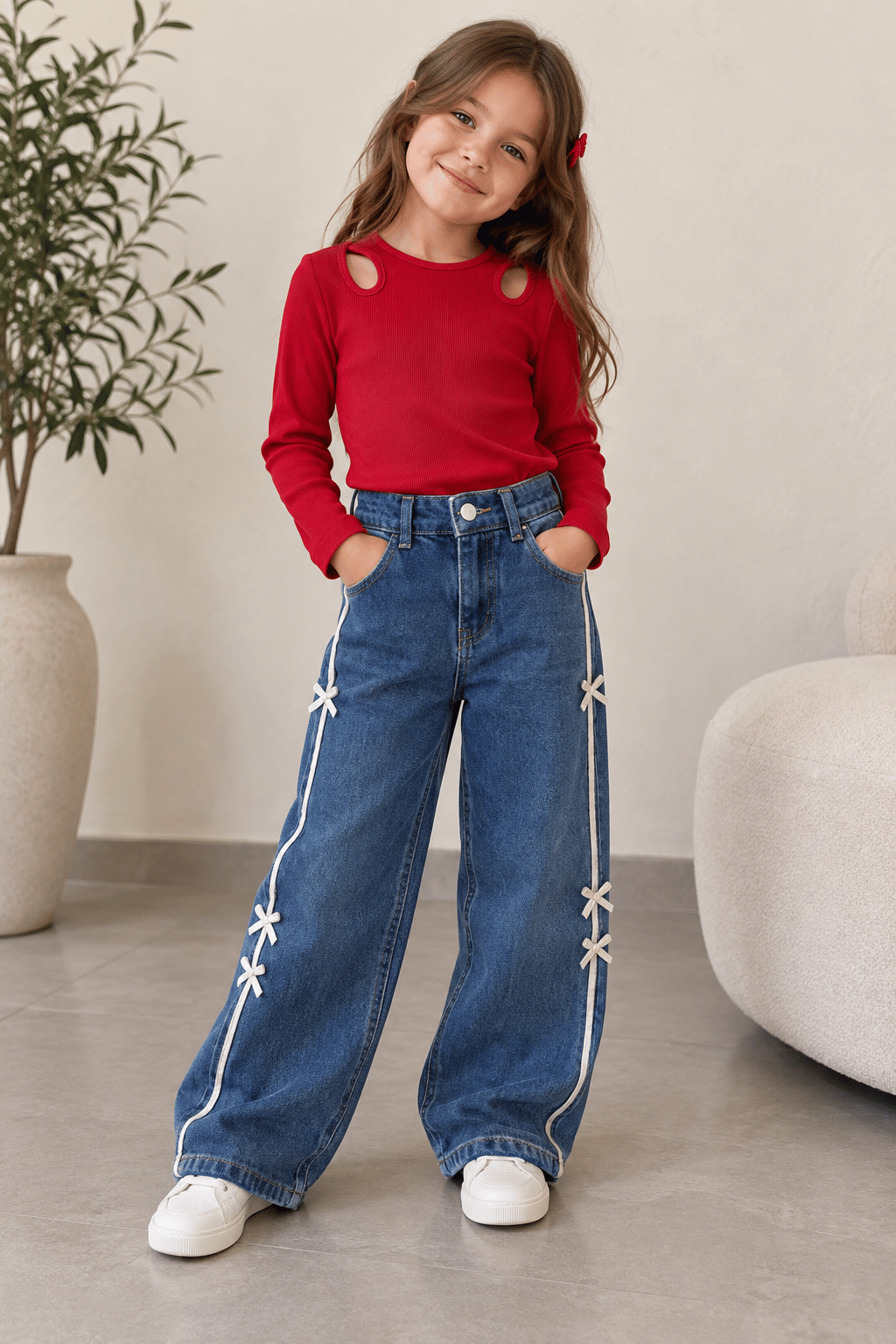 6-10 Yaş Kırmızı Omuz Detaylı Body & Fiyonk Nakış Jean Pantolon