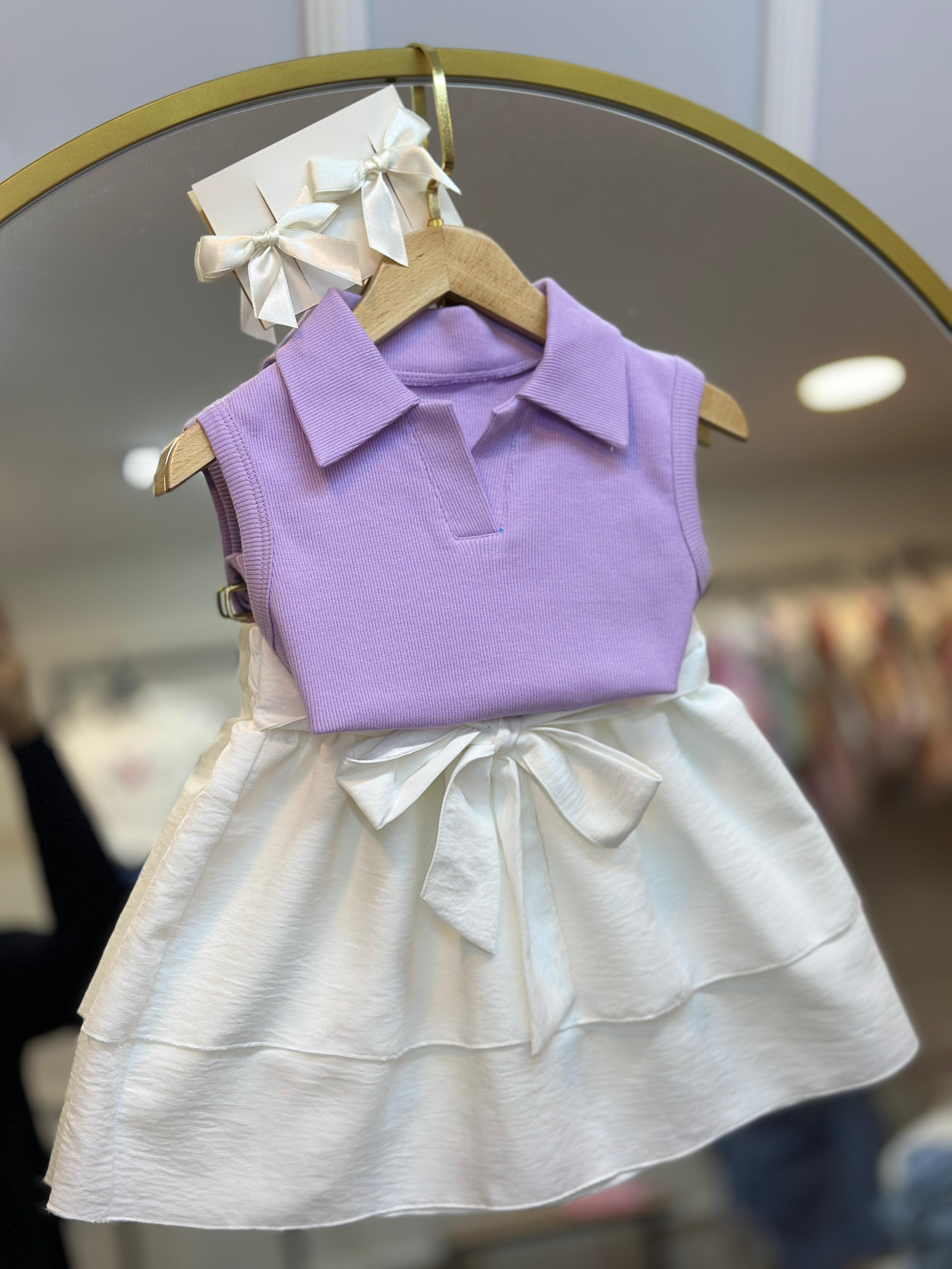 Lila Yaka Detaylı Body & Fiyonk Detaylı Etek ( Toka Hediyeli )