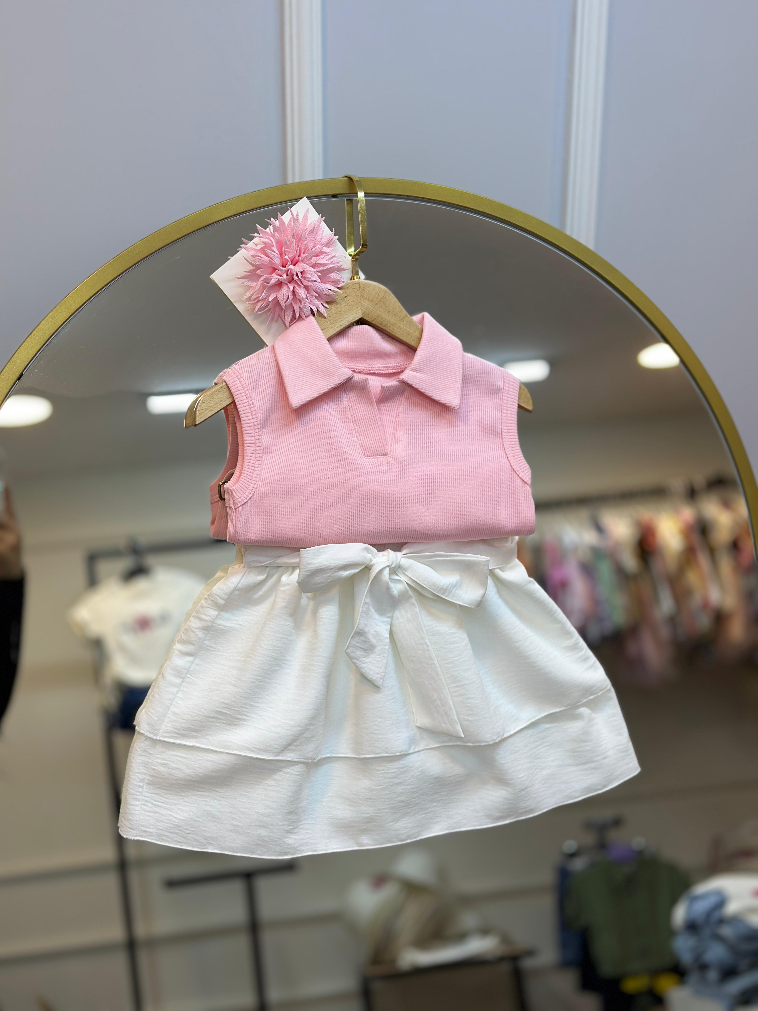 Pudra Yaka Detaylı Body & Fiyonk Detaylı Etek ( Toka Hediyeli )