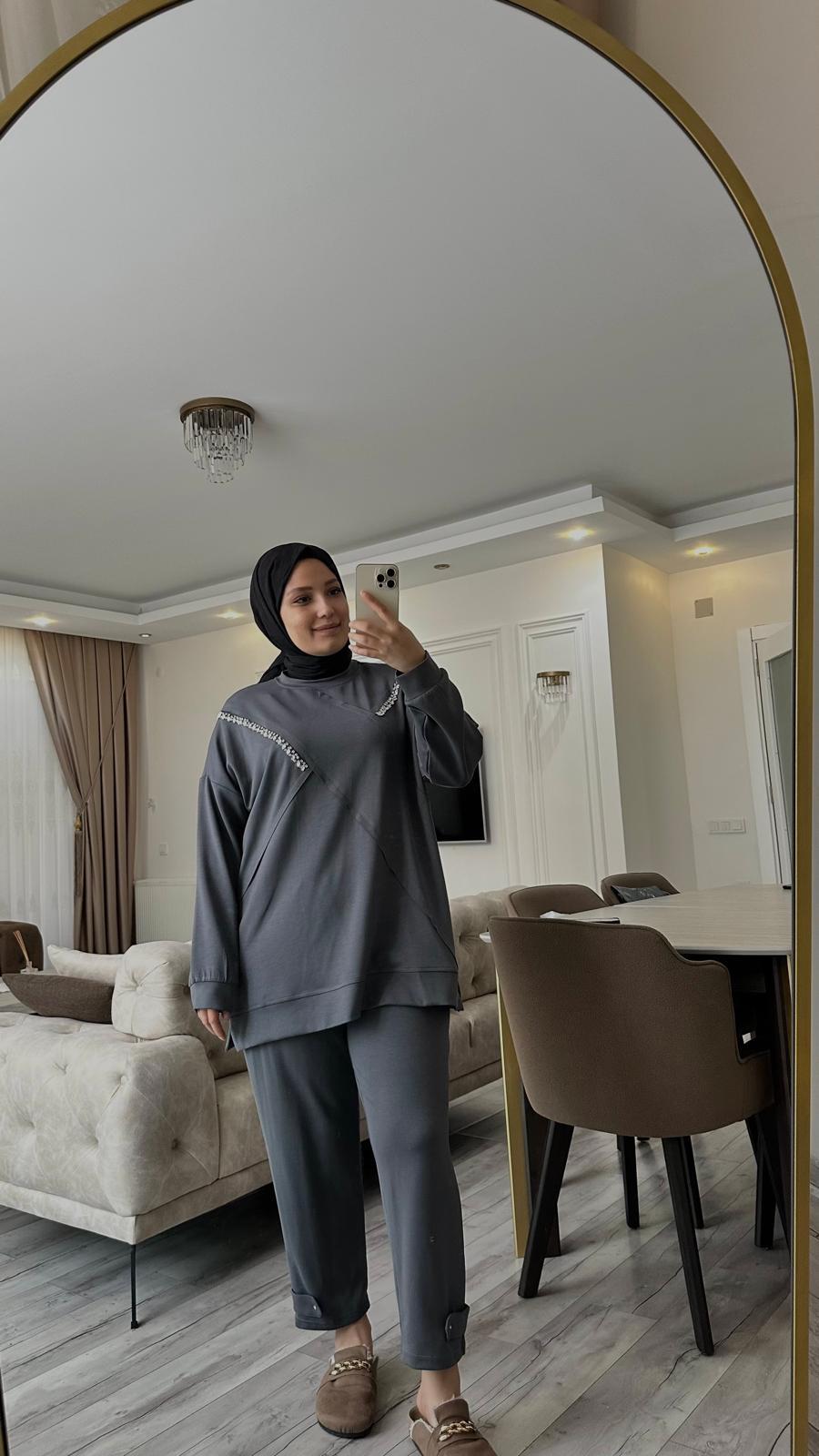 CAMELYA GRİ KADIN TAŞ DETAYLI İKİLİ TAKIM