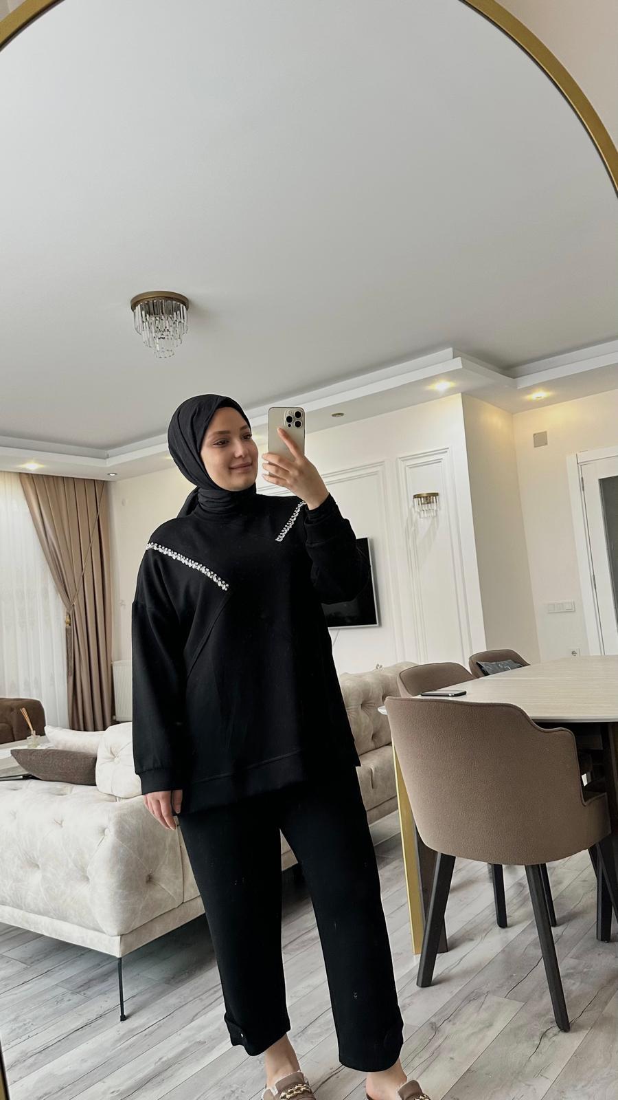 CAMELYA SİYAH KADIN TAŞ DETAYLI İKİLİ TAKIM