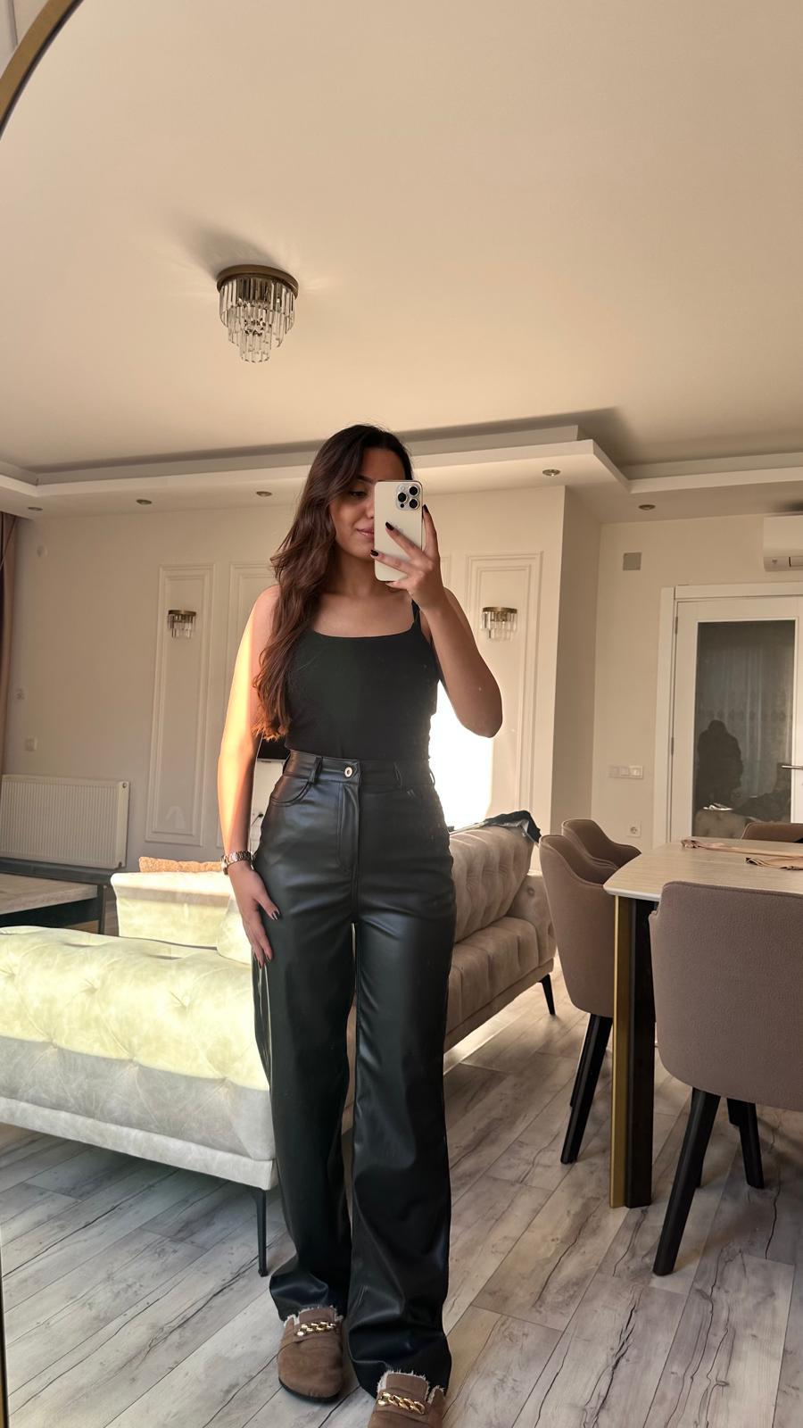 ZARA DERİ PALAZZO PANTOLON SİYAH
