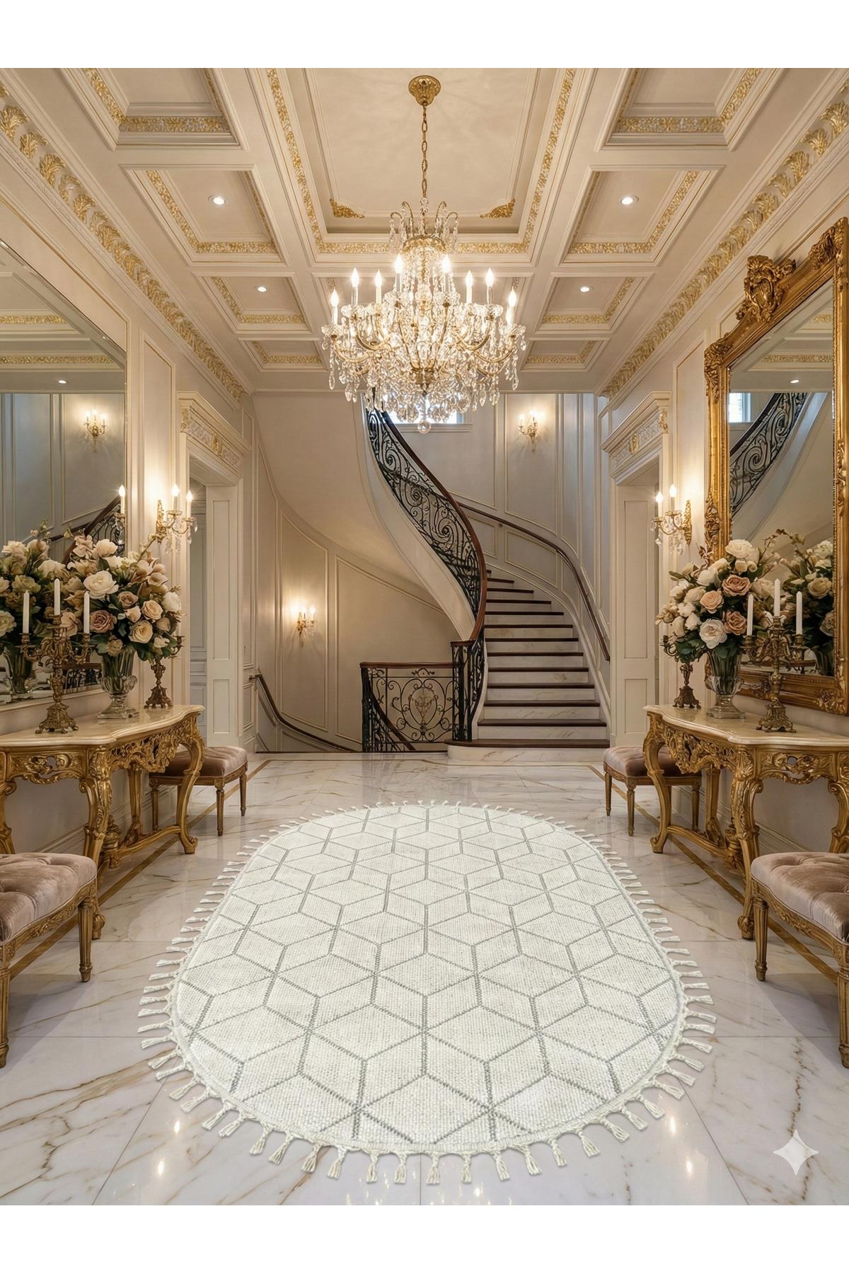 Bukle 1407 Oval Örgü Saçaklı Özel Ölçü Salon Antre Mutfak Antre Halı Yolluk