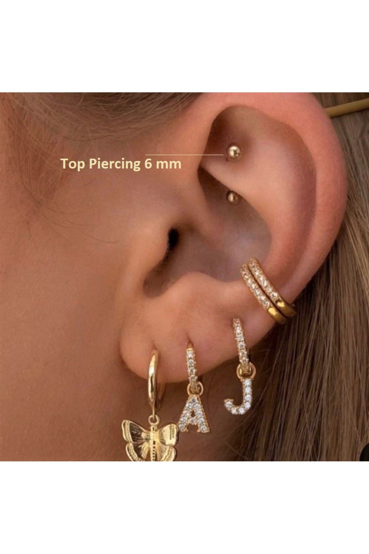 6 mm Cerrahi Çelik Gold Renkli İki Ucu Top Piercing Tragus Helix Conch Lob Daith