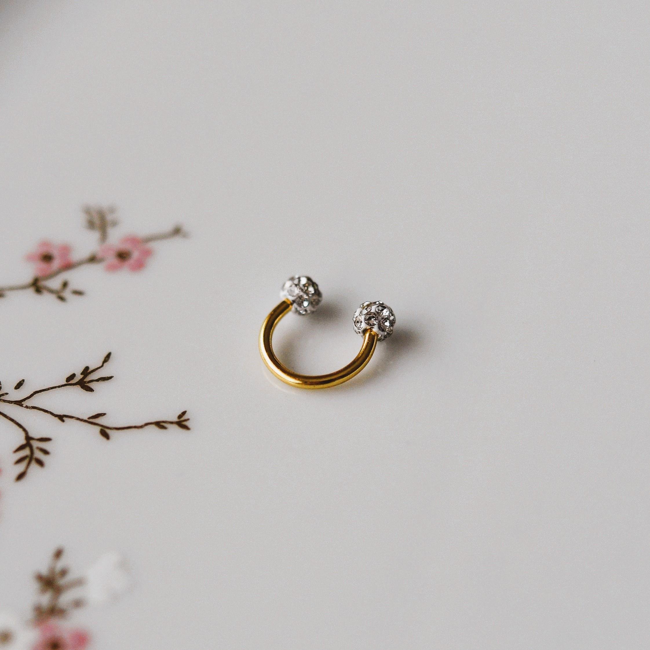 8 mm Gold İki Ucu Taşlı Cerrahi Çelik Tragus Helix Piercing Kıkırdak Septum