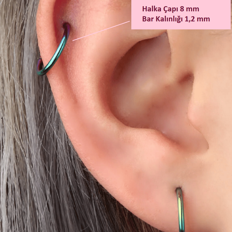 8 mm Hologram Cerrahi Çelik Düz Halka Tragus Piercing Helix Kıkırdak Rook Daith