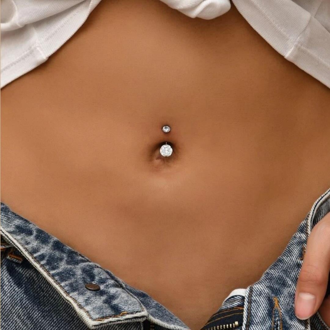 Çelik Zirkon Taşlı Göbek Piercingi Silver Rekli
