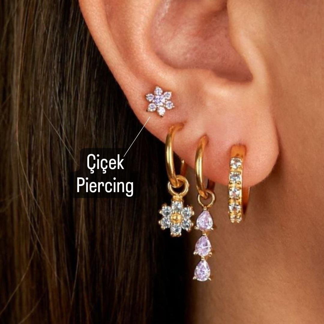 Cerrahi Çelik Çiçek Piercing Tragus Helix Conch Kıkırdak Lob Gold Renk