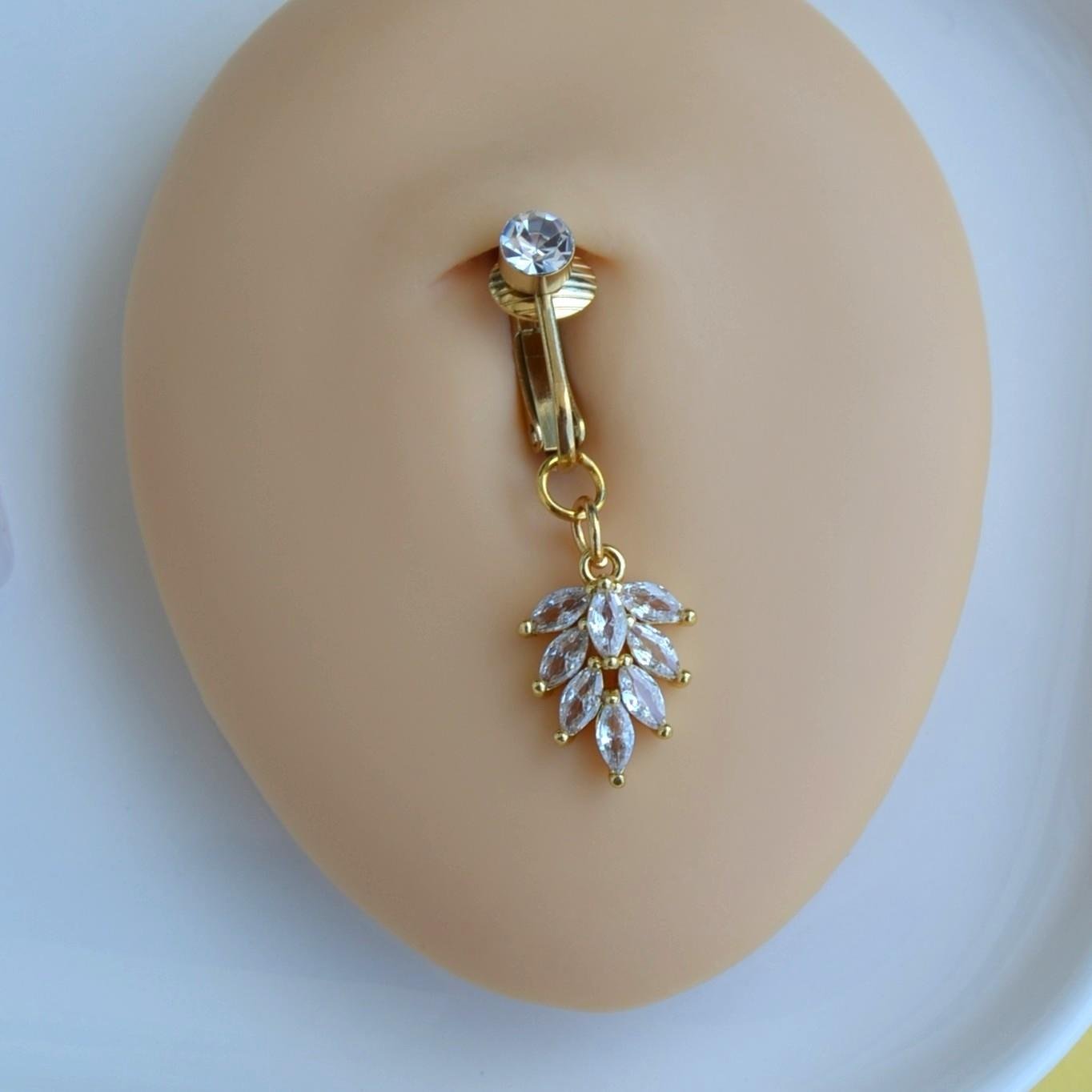 Deliksiz Yaprak Sallantılı Sıkıştırma Klipsli Göbek Piercingi Belly Piercing