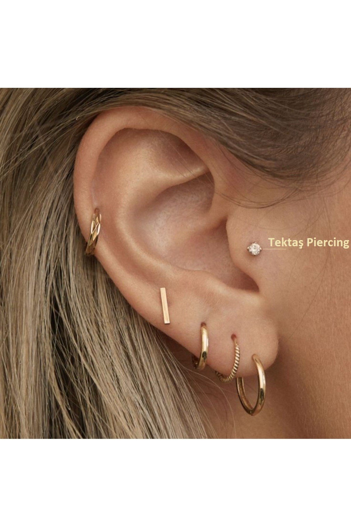 Tektaş Çelik Piercing Tragus Helix Kıkırdak Conch Gold Renk 8 mm