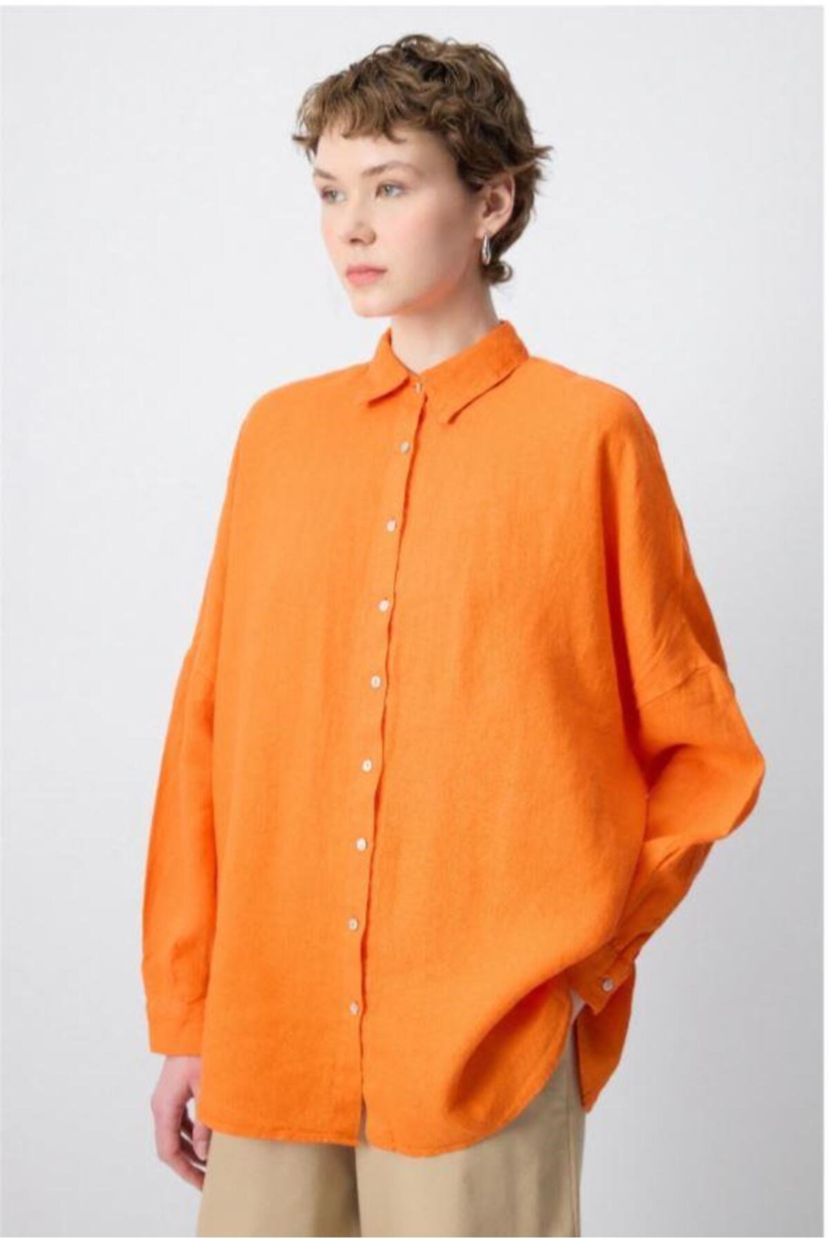 %100 Keten T Kol Oversize Gömlek Turuncu