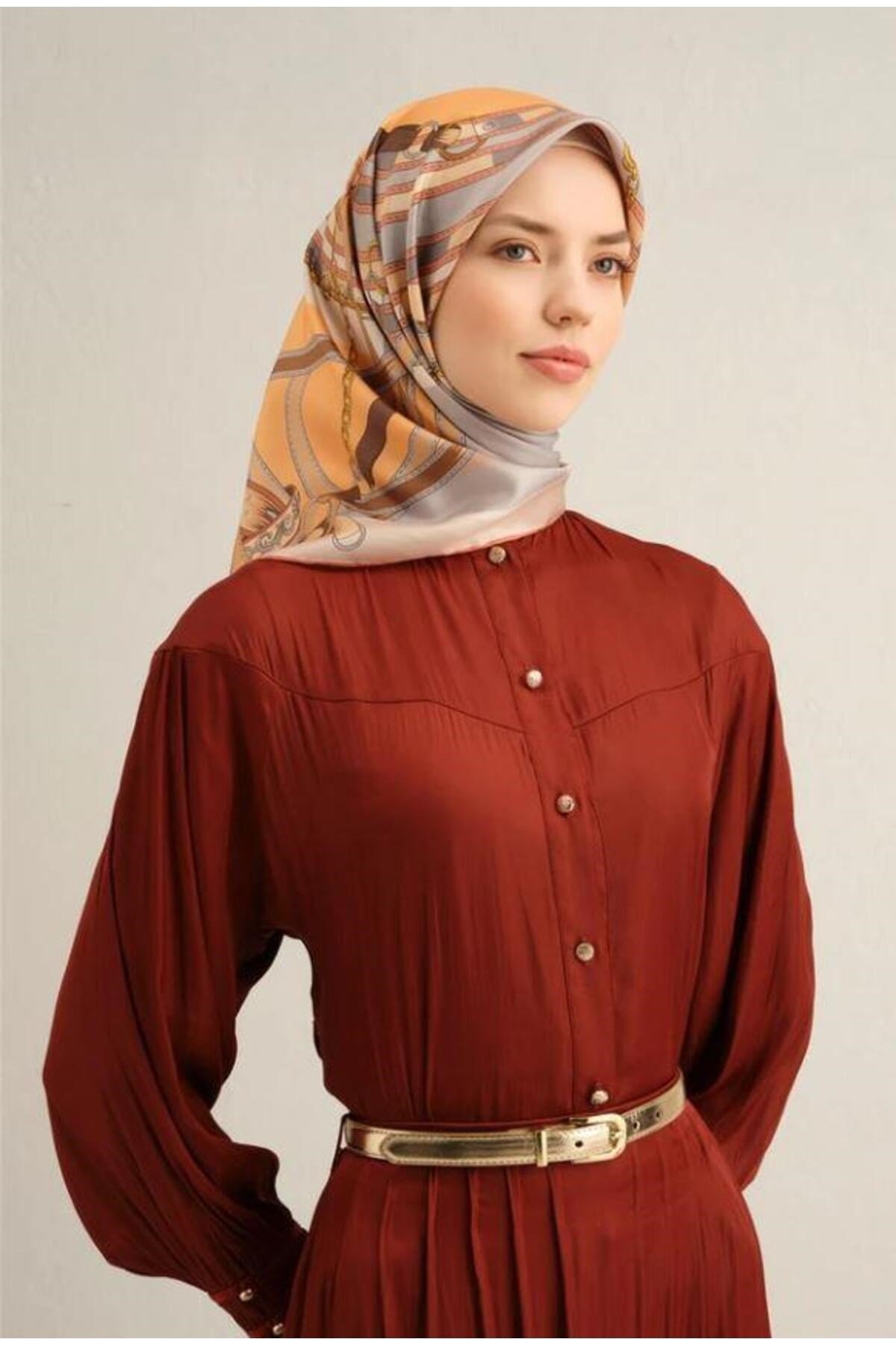 2025 Desenli Saf İpek Twill Eşarp 9315-80